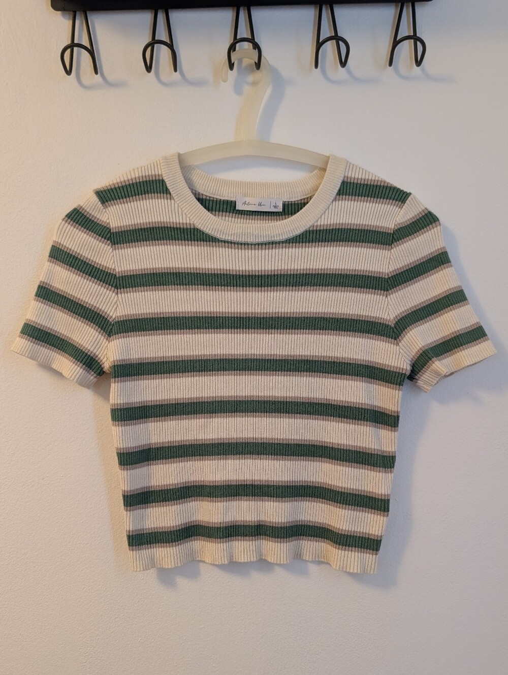 Active USA Green and Cream Striped Ribbed Short Sleeve Top